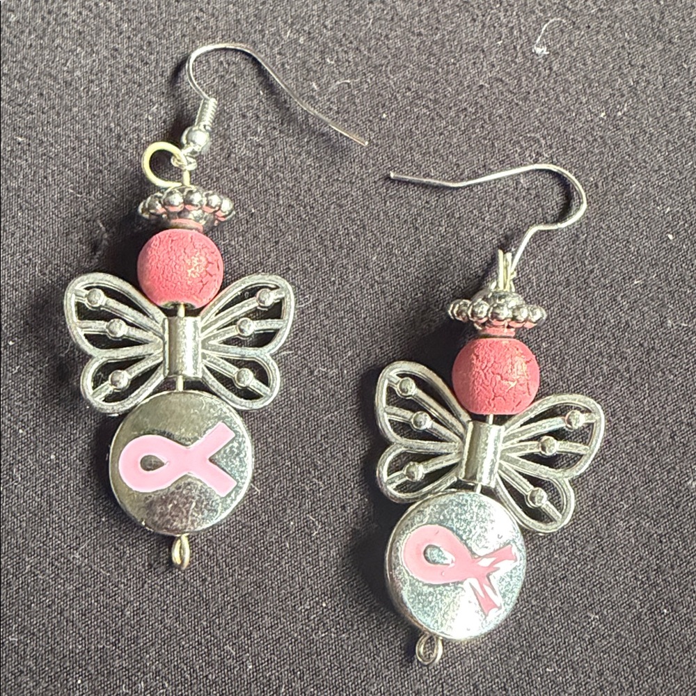 Butterfly Pink Ribbon Earrings